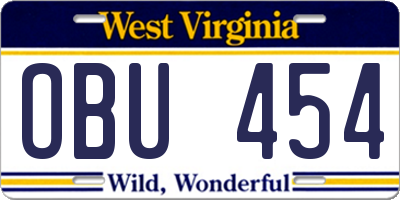 WV license plate OBU454