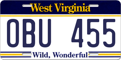 WV license plate OBU455