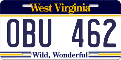 WV license plate OBU462