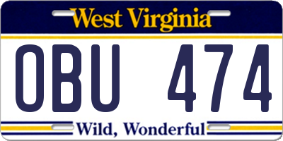 WV license plate OBU474