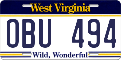 WV license plate OBU494