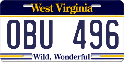 WV license plate OBU496