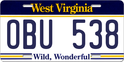 WV license plate OBU538