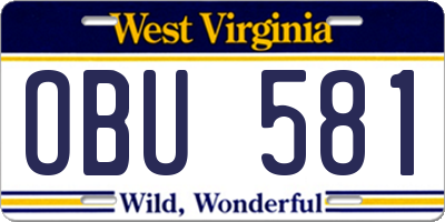 WV license plate OBU581