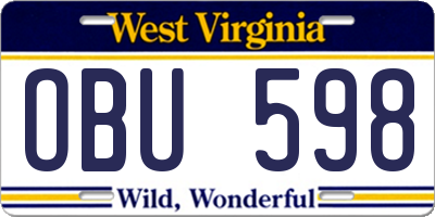 WV license plate OBU598