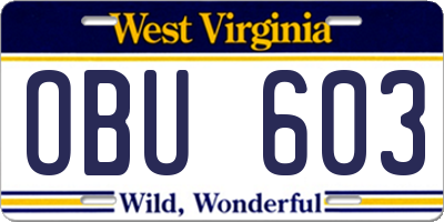 WV license plate OBU603