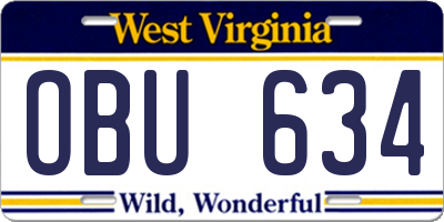 WV license plate OBU634