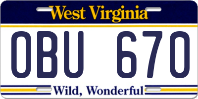 WV license plate OBU670