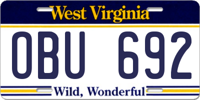 WV license plate OBU692