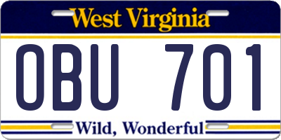 WV license plate OBU701