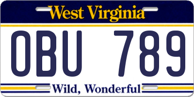 WV license plate OBU789