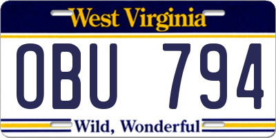 WV license plate OBU794