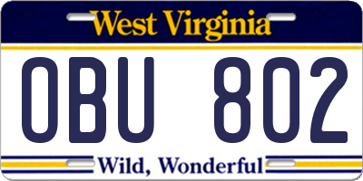 WV license plate OBU802