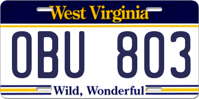 WV license plate OBU803