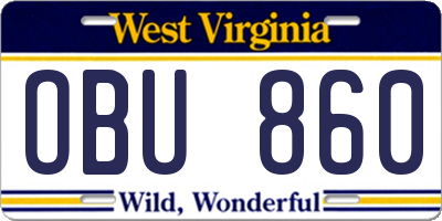 WV license plate OBU860