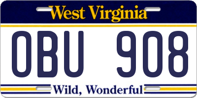 WV license plate OBU908