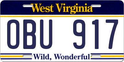 WV license plate OBU917