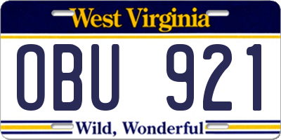 WV license plate OBU921