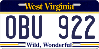 WV license plate OBU922