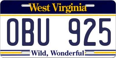 WV license plate OBU925