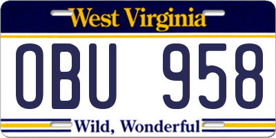 WV license plate OBU958