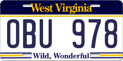 WV license plate OBU978
