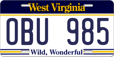WV license plate OBU985