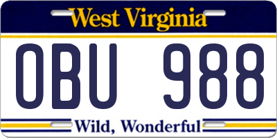 WV license plate OBU988