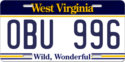 WV license plate OBU996
