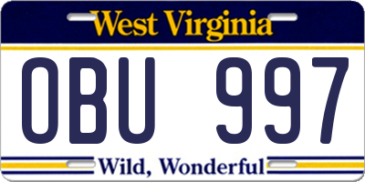WV license plate OBU997