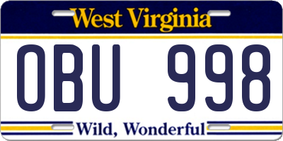 WV license plate OBU998