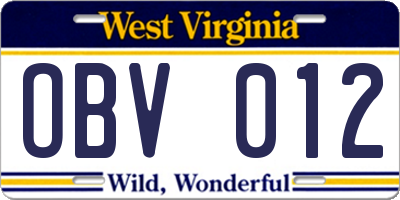 WV license plate OBV012