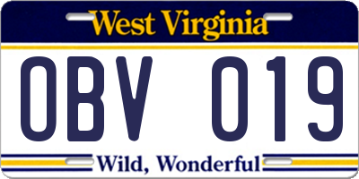 WV license plate OBV019