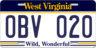 WV license plate OBV020