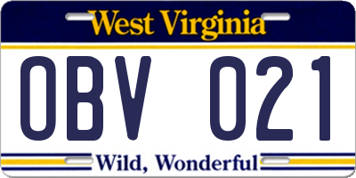 WV license plate OBV021