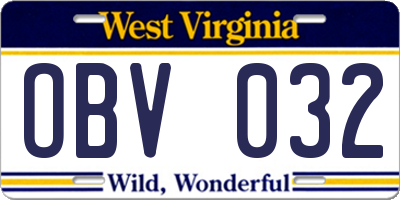 WV license plate OBV032