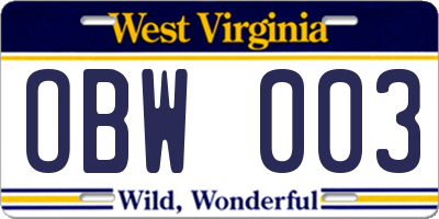 WV license plate OBW003