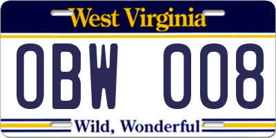 WV license plate OBW008