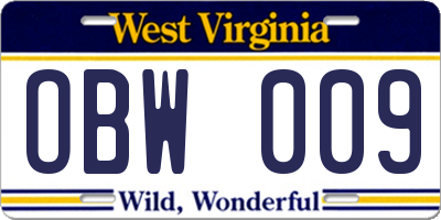WV license plate OBW009