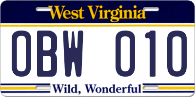 WV license plate OBW010