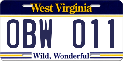 WV license plate OBW011