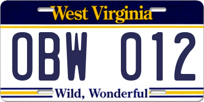 WV license plate OBW012