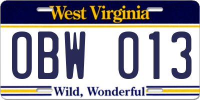 WV license plate OBW013