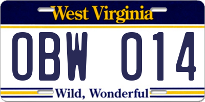 WV license plate OBW014