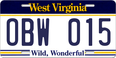 WV license plate OBW015