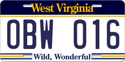 WV license plate OBW016