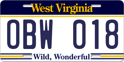WV license plate OBW018