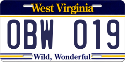 WV license plate OBW019
