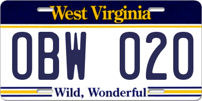 WV license plate OBW020