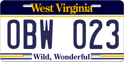 WV license plate OBW023
